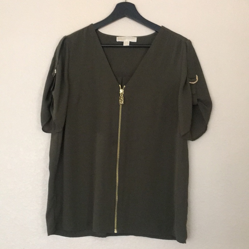 Michael Kors V Neck Full Zip Short Buckle Sleeves Blouse Size Medium